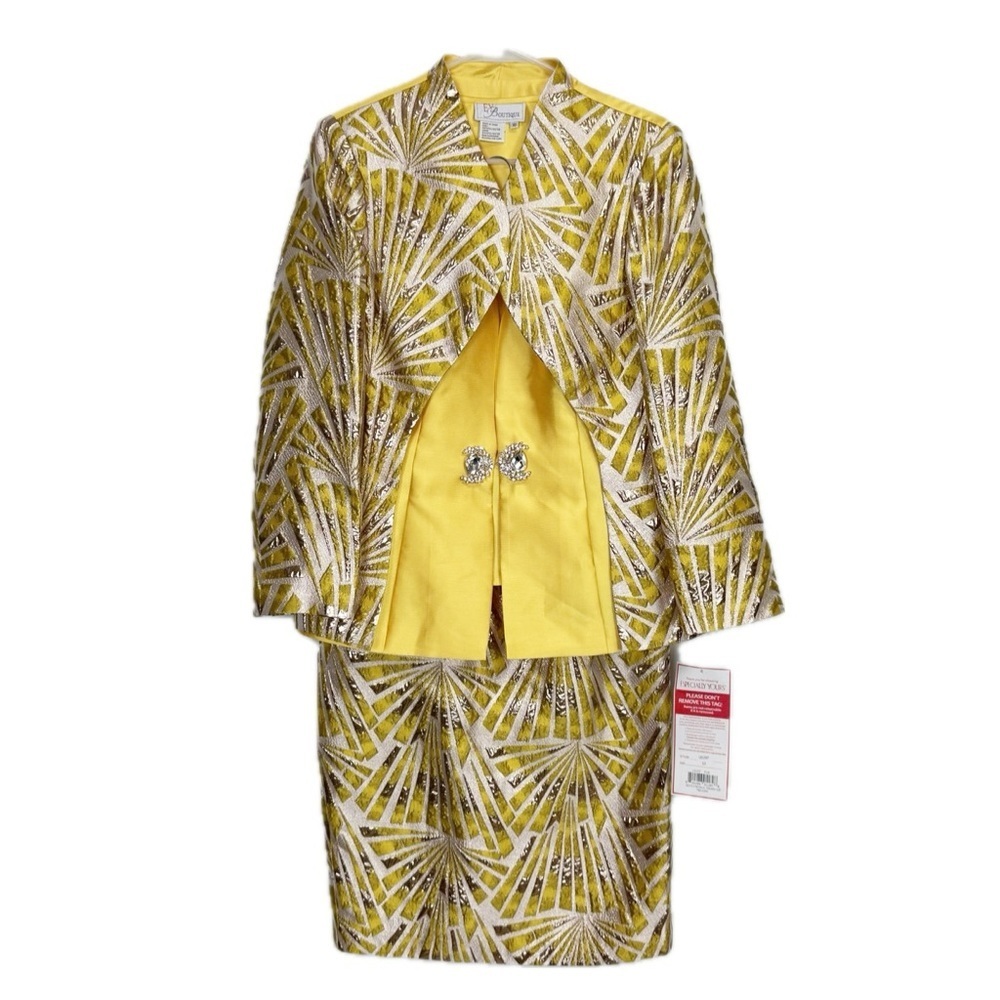 EY Boutique 3 Piece Womens Size 10 Yellow Metallic Textured Skirt Suit Set NWT